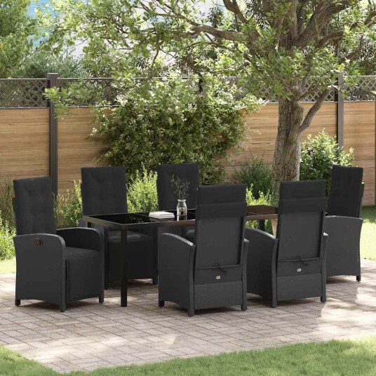7-delt hage spisegruppe med puter svart poly rattan