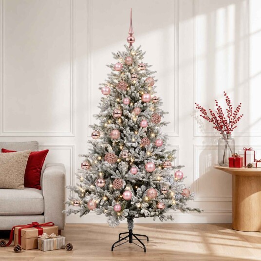 vidaXL Kunstig juletre med julekuler 150 cm 150 LED-lys Varmhvit