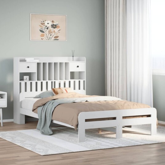  Seng med bokhylle uten madrass hvit 135x190 cm heltre furu 8721158383372