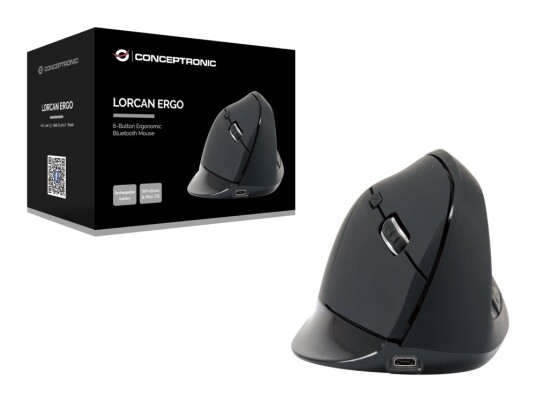 Conceptronic Lorcan03B Vertikal Ergonomisk Mus med Bluetooth 5.2 - Høyrehendt - Svart