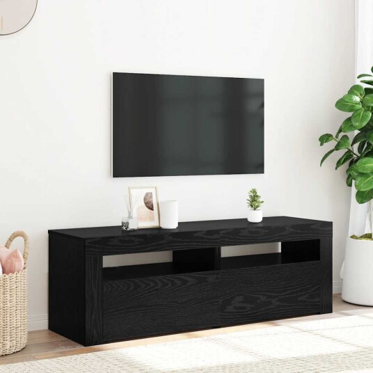  TV benk med LED lys svart eik 120x35x40 cm konstruert tre