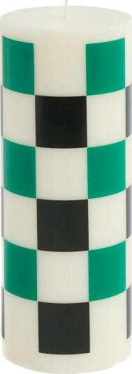 Hay Column Candle kubbelys medium 20 cm Off white green black check Hay Column Candle kubbelys medium 20 cm Off white green black check