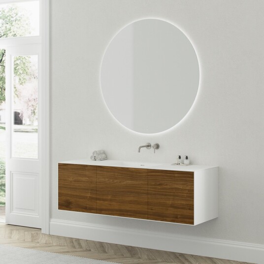 Copenhagen Chic 160 MKII skap 6 skuffer vask og understell i Glacier White Corian® med amerikansk valnøtt