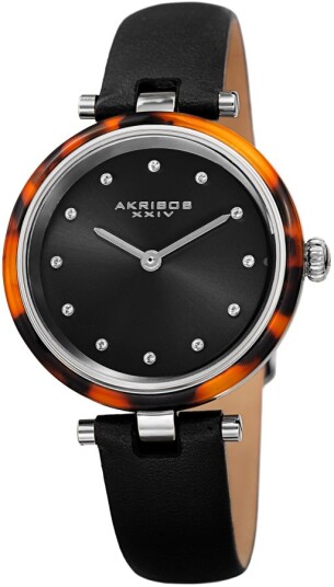 Akribos XXIV Dameklokke AK1052BK Crystal Sort/Lær Ø34 mm