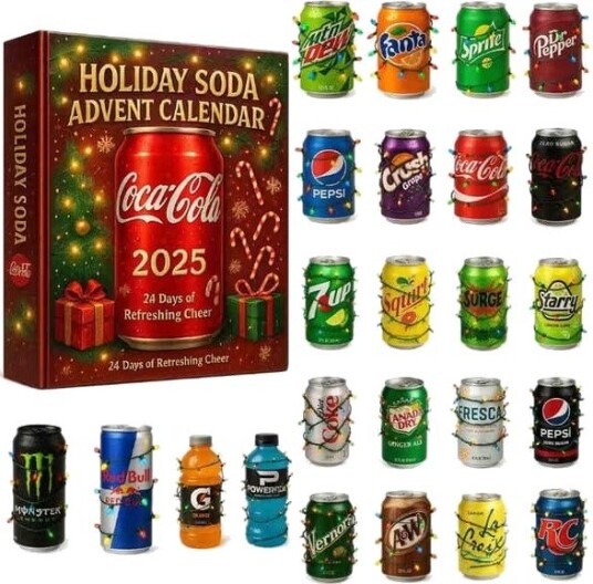 Adventskalender 2025 – 24 dagers adventskalender med drikkeflaske/brusmodeller – Perfekt julegave