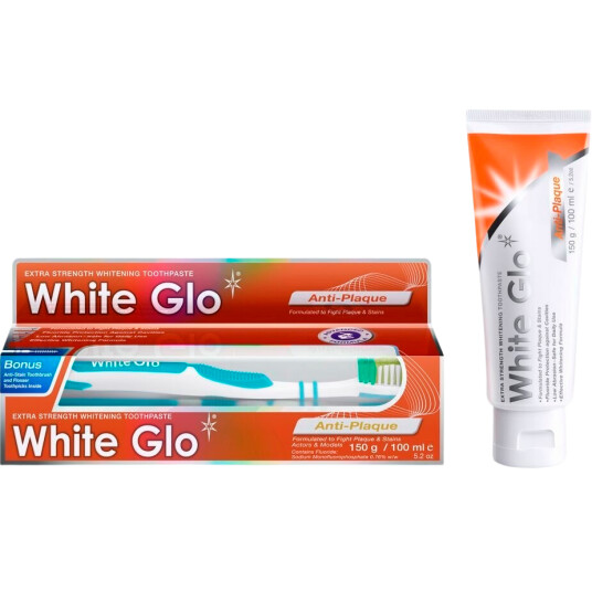 Tannblekingstannkrem WHITE GLO Anti plakk 150g + tannbørste