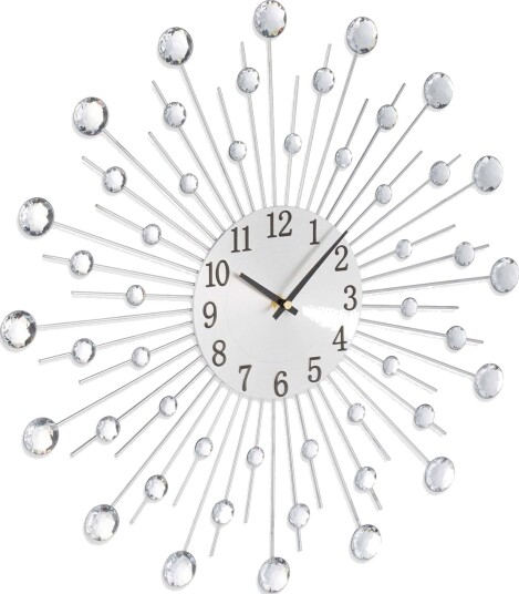 Sølvfarget veggklokke med glitrende steiner – 50 cm