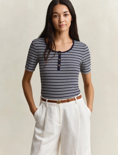 GANT Slim Ribbed Ss Henley Top Navy L
