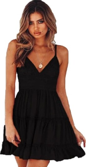 Sexy sommerkjole for kvinner V hals komfortabel swing solkjole avslappet kjole sommerstrandferie (S XXL) Svart M Black M_yux