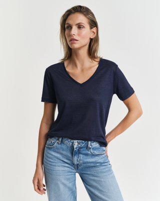T-skjorte i lin med v-hals EVENING BLUE XL