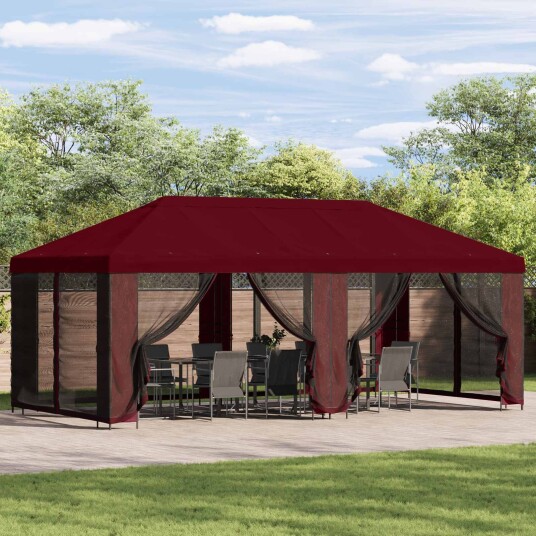 Paviljong med sidevegger 6 x 3 m Burgunder Polyester og stål