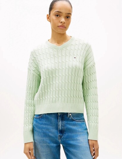 Tommy Hilfiger Co Cable Mid Gg Rlx Ls V Nk Swt   Green   XS