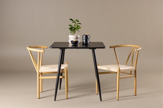 Polar Spisegruppe 75 cm Kvadratisk med 2 Alfons stoler Sort/Beige