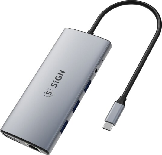 SiGN 11-i-1-hub USB-C til HDMI/VGA/RJ45/USB-C/USB-A/SD/TF/3,5 mm - Sølv