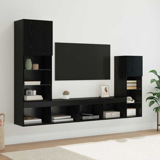 TV Vegg Enheter Veggmontert 4 pcs Svart Eik Konstruert tre