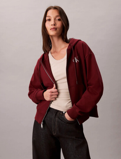 Calvin Klein Jeans Monologo French Terry Fz Bf Hood - Burgundy - XXS