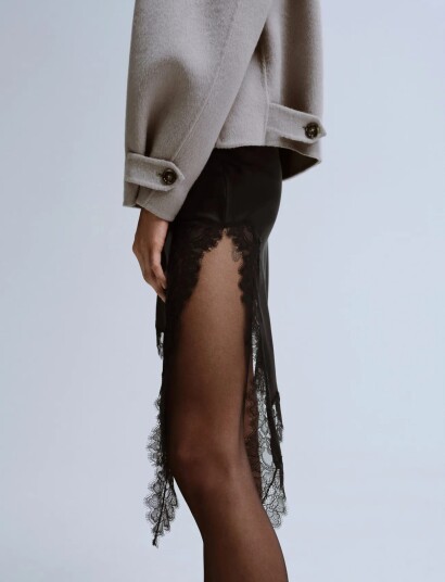 Mango Satin Asymmetric Short Skirt With Lace Black L