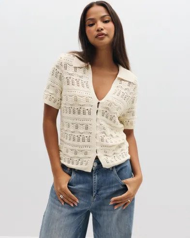 Neo Noir - Hvit - Marisini Stitch Polo Knit Top