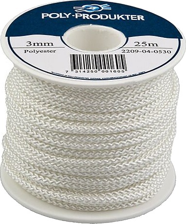 Poly produkter flettet polyesterline hvit 3.00mmx25m Poly produkter flettet polyesterline hvit 3.00mmx25m