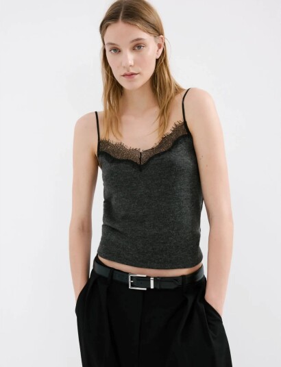 Mango Top With Lace Neck Grey L Mango Top With Lace Neck Grey L