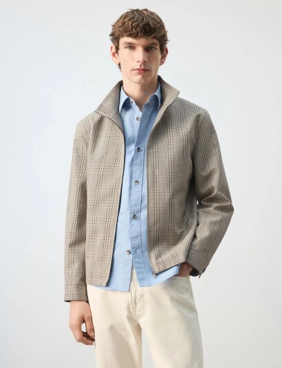 Mango Prince Of Wales Check Jacket With Funnel Neck Beige L Mango Prince Of Wales Check Jacket With Funnel Neck Beige L