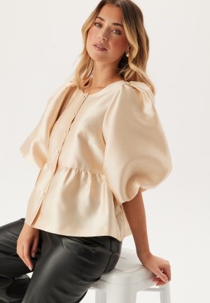 Bubbleroom Occasion Puff Sleeve Peplum Satin Blouse Champagne S Bubbleroom Occasion Puff Sleeve Peplum Satin Blouse Champagne S