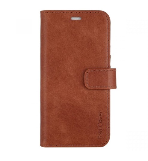 RadiCover Exclusive 2-in-1 iPhone 14 / 13 - Flipdeksel i Ekte Skinn med Lommebok - 86% Strålevern - Brun