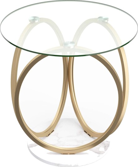 Rundt glass salongbord med gullfarget metallramme