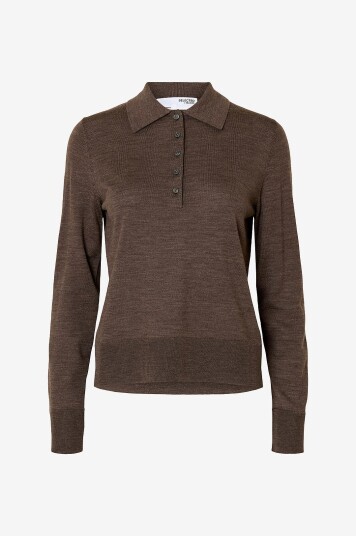 Selected FEMME - Genser slfThea LS Knit Merino Collar Neck - Brun
