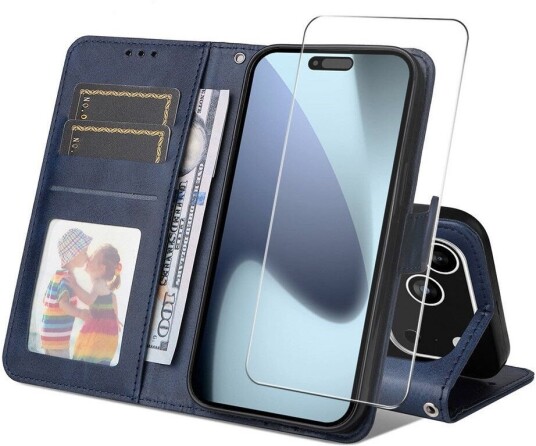 EIDERWOOD iPhone 17 Pro 2-i-1 Kunstskinn Flip Deksel med Skjermbeskyttelsesglass Blå