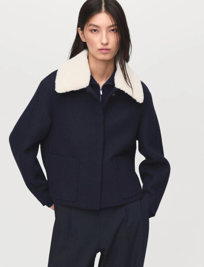 Mango Wool Blend Jacket With Shearling Blend Collar Navy L
