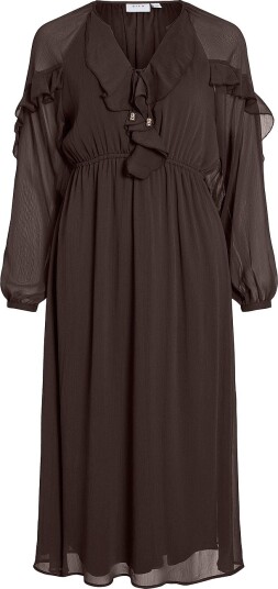 Vila Midikjole Vitiro V neck L/s Flounce Midi Dres Brun