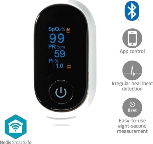 Nedis SmartLife Pulsoksymeter | Bluetooth® | OLED-Skjerm | Anti-bevegelse interferens Auditiv alarm Oksygenmetning SpO2 Perfusjonsindeks Puls Sensor med høy presisjon | Hvit Nedis SmartLife Pulsoksymeter | Bluetooth® | OLED-Skjerm | Anti-bevegelse interferens Auditiv alarm Oksygenmetning SpO2 Perfusjonsindeks Puls Sensor med høy presisjon | Hvit