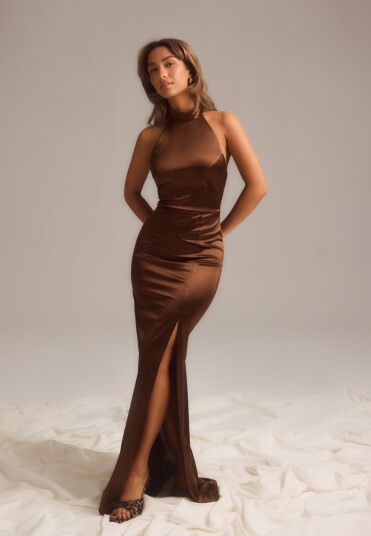 Bubbleroom Occasion Stretch Satin Halterneck Gown