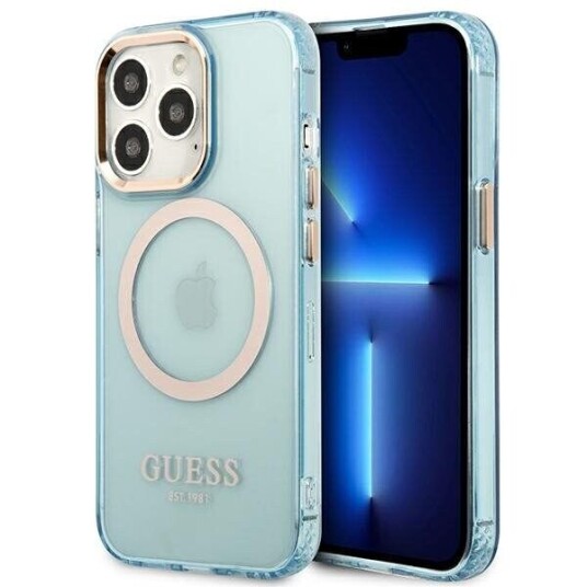Guess Mobildeksel til iPhone 13 Pro/13 med MagSafe - Blå, Gjennomsiktig, Gold Outline