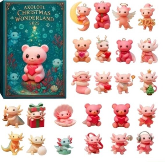 Axolotl Christmas Wonderland Adventskalender 2026 24 dagers nedtelling til jul med 2D flate Axolotl hengende ornamenter