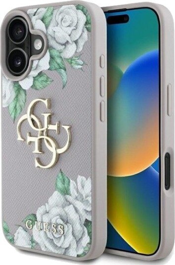 GUESS Grained Roses Big 4G Logo iPhone 16 Case - Purple