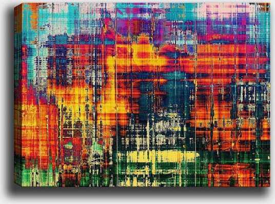 Lerretsbilde 70x100 cm Abstrakt kunstverk med livlige farger og dynamiske mønstre Turkis / Oransje / Mørk blå