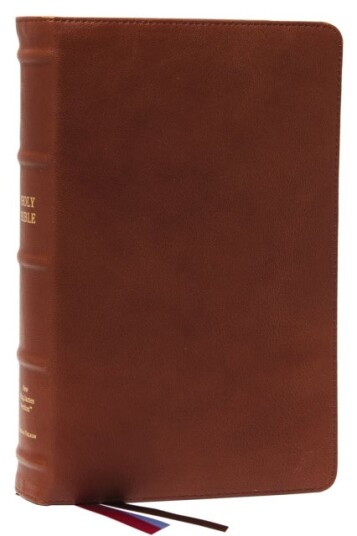 NKJV End of Verse Reference Bible Personal Size Large Print Premium Goatskin Leather Brown Premier Collection Red Letter Comfort Print