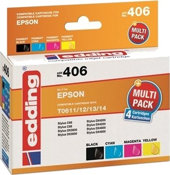 Edding Edd-406, Kompatibel, Svart, Cyan, Fiolblå, Epson, Multi Pack, Stylus D 68 Stylus D 88 Stylus D 88 Plus Stylus Dx 3800 Stylus Dx 3850 Stylus Dx 3850 Plus Stylus..., 4 Stykker