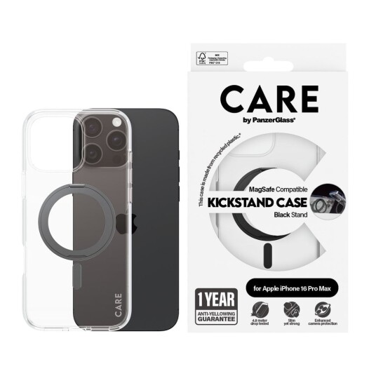 Care by PanzerGlass Mobildeksel med Kickstand og MagSafe til iPhone 16 Pro Max - Gjennomsiktig/Svart