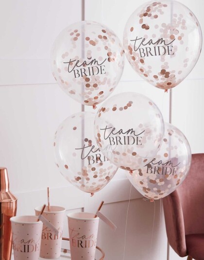 Ginger Ray 5 stk 30 cm Team Bride Gjennomsiktige Ballonger med Rosa Konfetti Blush Hen HN 810