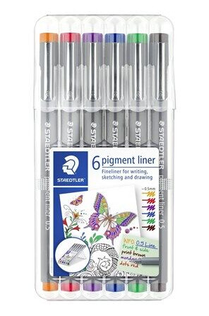 Staedtler pigment liner 308 fineliner Rød Blå Grønn Oransje Brun Fiolett pack of 6