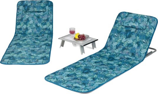 Sett med 2 strandmatter med sidebord, pute og oppbevaringsrom, solsengematte med justerbar rygg, turkisblå Sett med 2 strandmatter med sidebord, pute og oppbevaringsrom, solsengematte med justerbar rygg, turkisblå