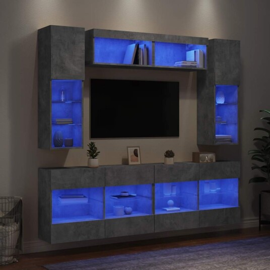 Vegghengte TV benker med LED 6 stk betonggrå Vegghengte TV benker med LED 6 stk betonggrå