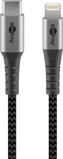 Goobay Lightning USB-C™ tekstilkabel med metallkontakter, 2 m MFi-sertifisert, elegant og ekstra robust lade- og synkroniseringskabel for Apple iPhone/iPad (svart, grå)