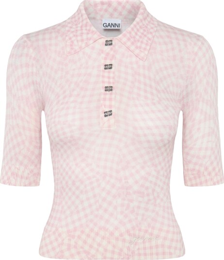 Ganni Sheer Cotton Printed Polo Pink XS