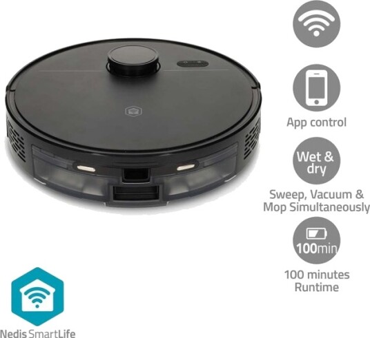 Nedis SmartLife Robot Støvsuger | Navigasjons metode: Lasernavigasjon | Wi Fi | Kapasitet Collection Reservoir: 0.59 l | Automatsik lading | Maksimal driftstid: 1.75 timer | Sort | Android™ / IOS