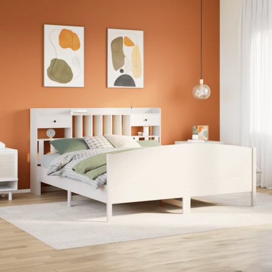 Seng med bokhylle uten madrass hvit 200x200 cm heltre furu 8721158619198