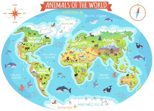 Veggklistremerke Verdenskart / Animals of the World